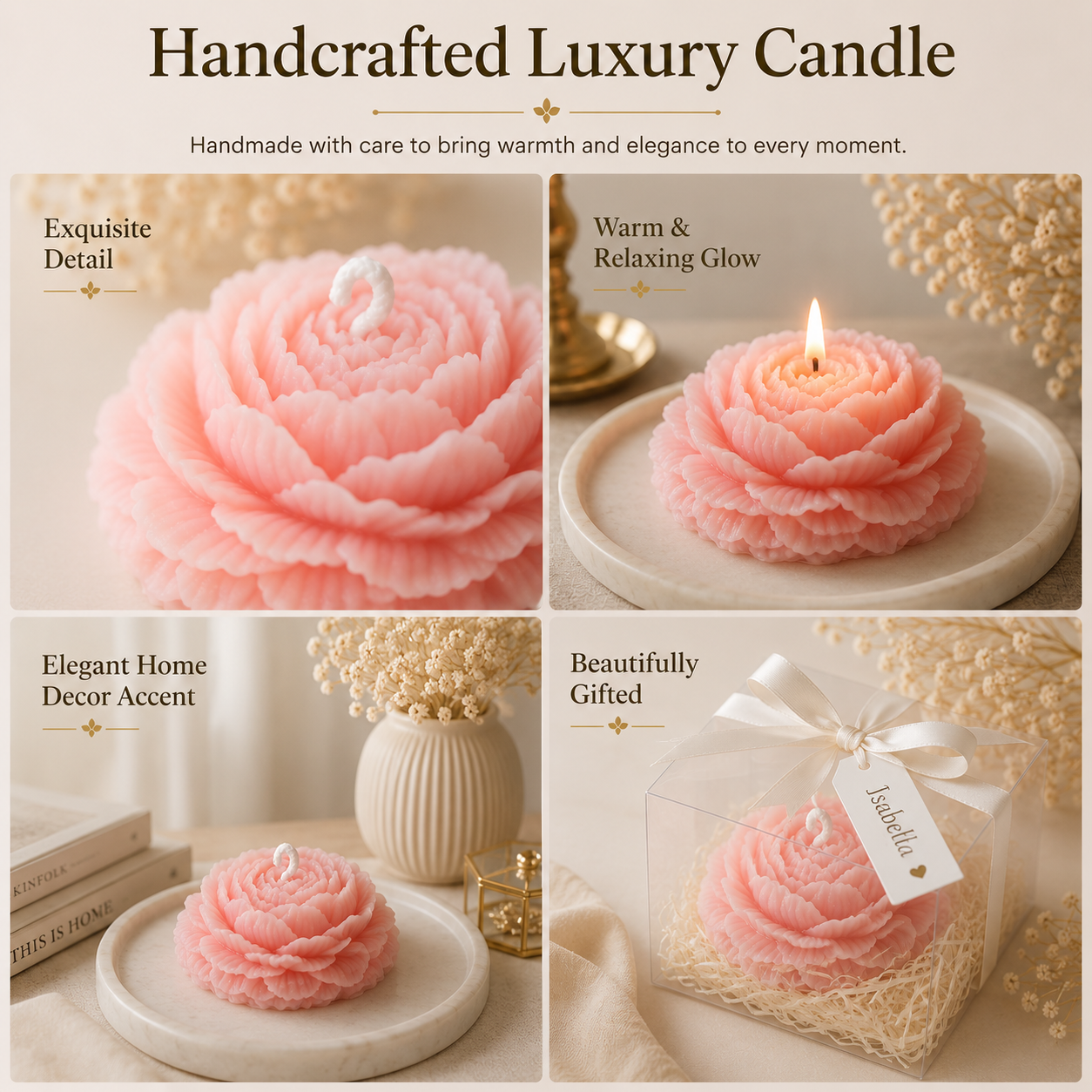Personalized Peony Flower Candle Favor – Soy Wax & Beeswax Blend Gift