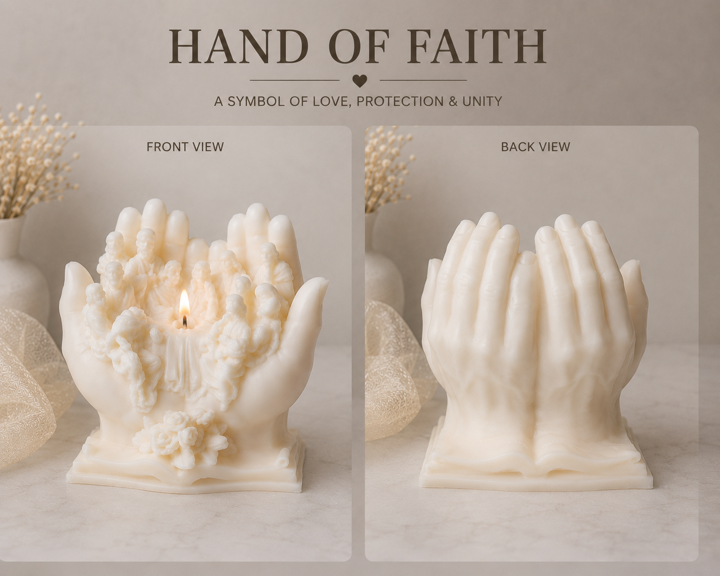Hand of Faith Soy Wax Candle – Handmade Sculptural Prayer Candle in Clear Acetate Gift Box