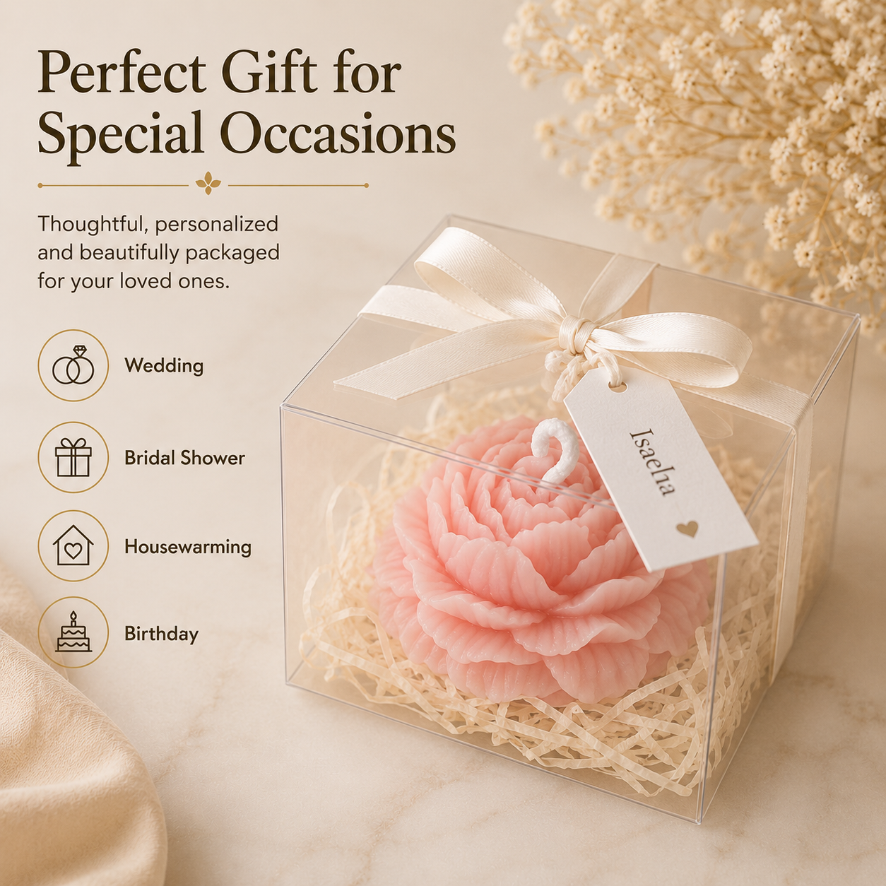 Personalized Peony Flower Candle Favor – Soy Wax & Beeswax Blend Gift