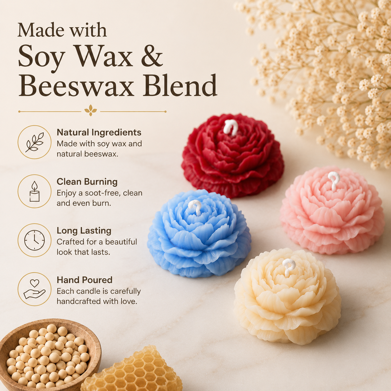 Personalized Peony Flower Candle Favor – Soy Wax & Beeswax Blend Gift