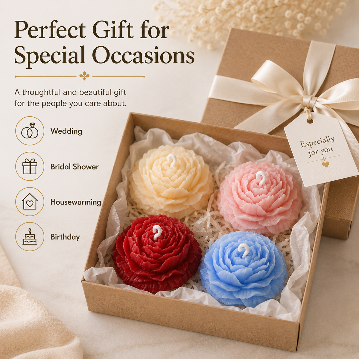 Personalized Peony Flower Candle Favor – Soy Wax & Beeswax Blend Gift
