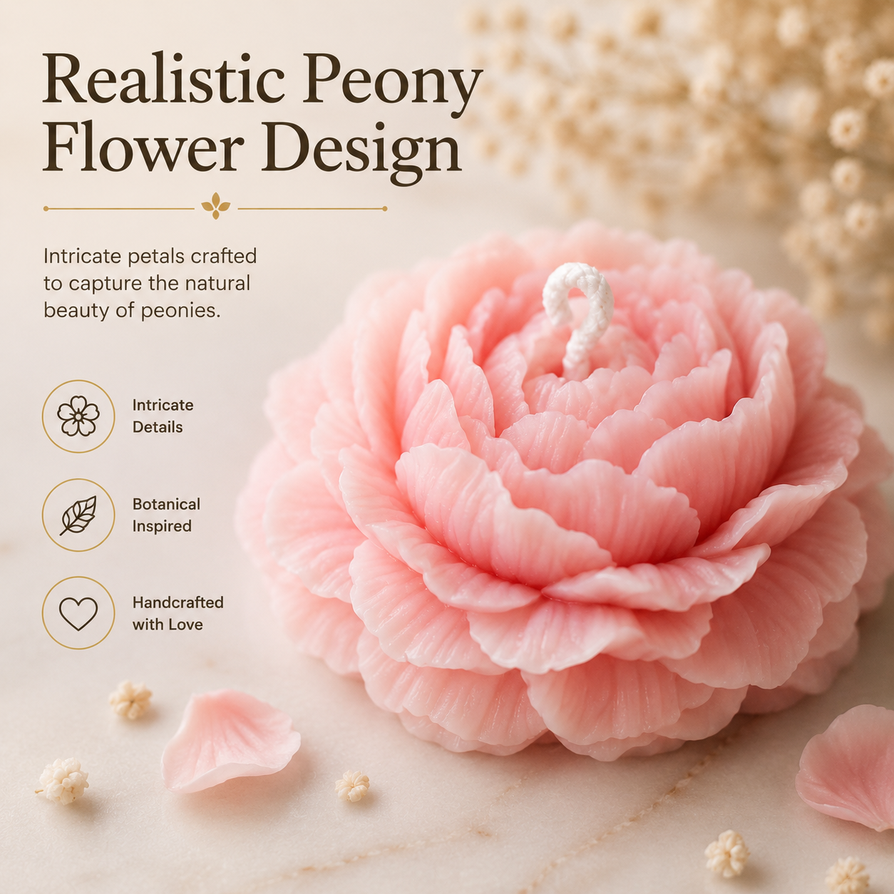 Personalized Peony Flower Candle Favor – Soy Wax & Beeswax Blend Gift
