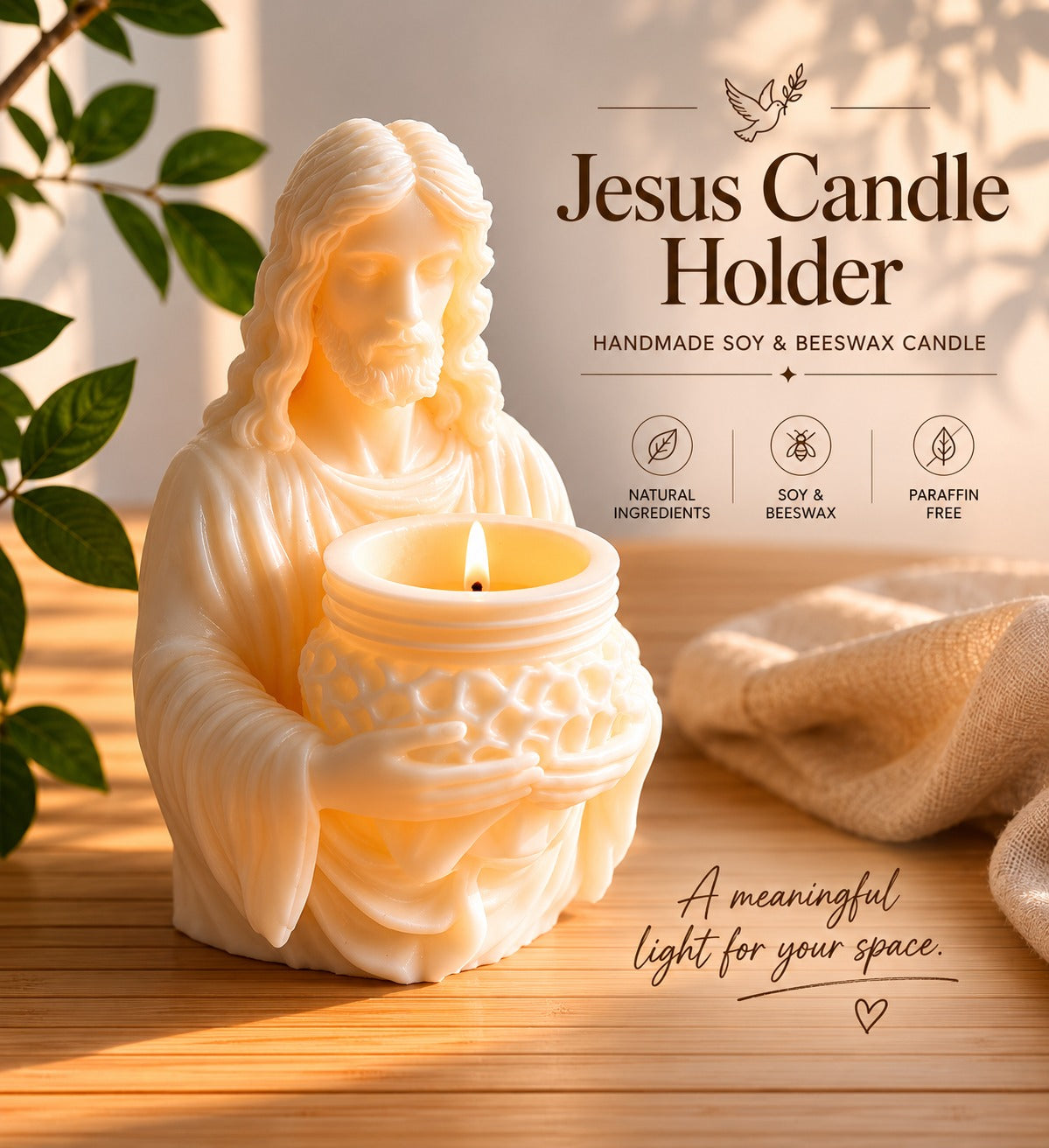 Jesus Candle Holder – Handmade Soy & Beeswax Candle | Christian Home Decor Gift