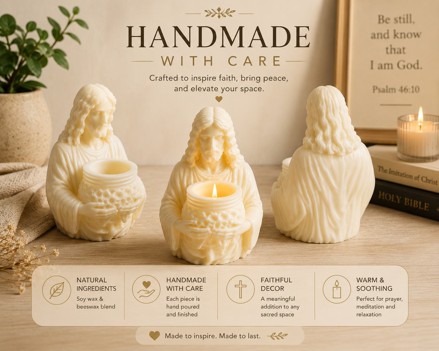 Jesus Candle Holder – Handmade Soy & Beeswax Candle | Christian Home Decor Gift