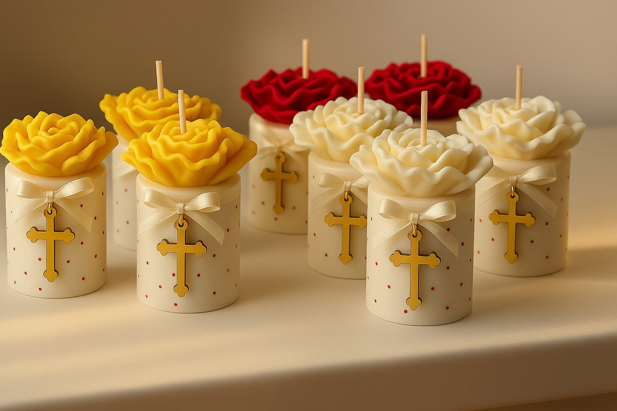 Urun-1 Soy Wax Clover Flower Candle Baptism Favors: Custom Religious Event Thank You Gifts