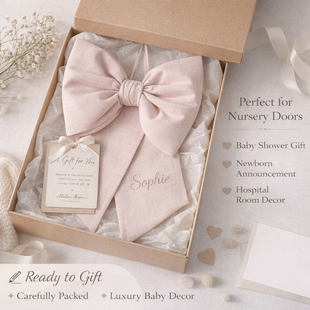 Personalized Baby Door Bow – Custom Nursery Door Decor for Newborn Announcement