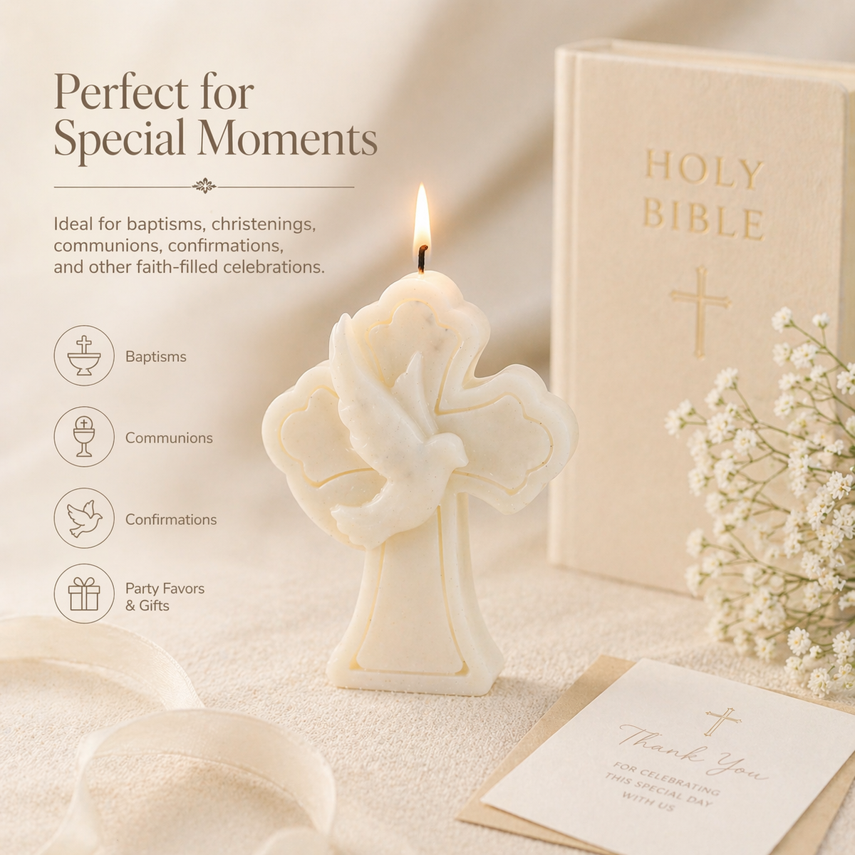 Baptism Cross Candle Favor – Personalized Christening Gift – Dove Soy Wax Candle – Communion Party Favor