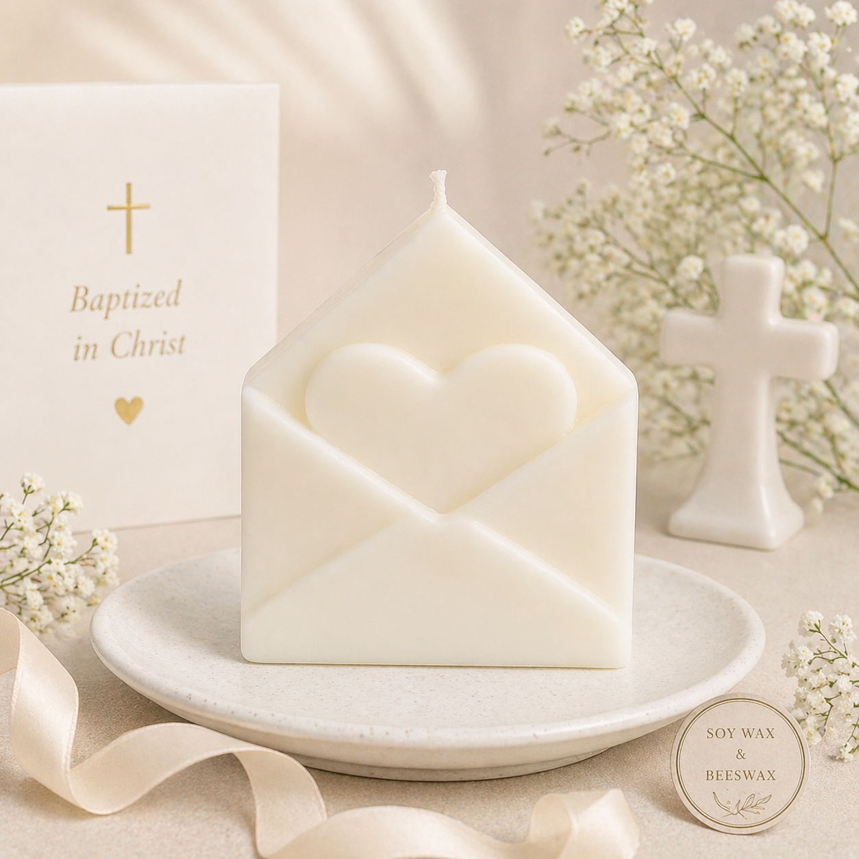 Personalized Baptism Candle Favor – Envelope Heart Soy Wax Candle