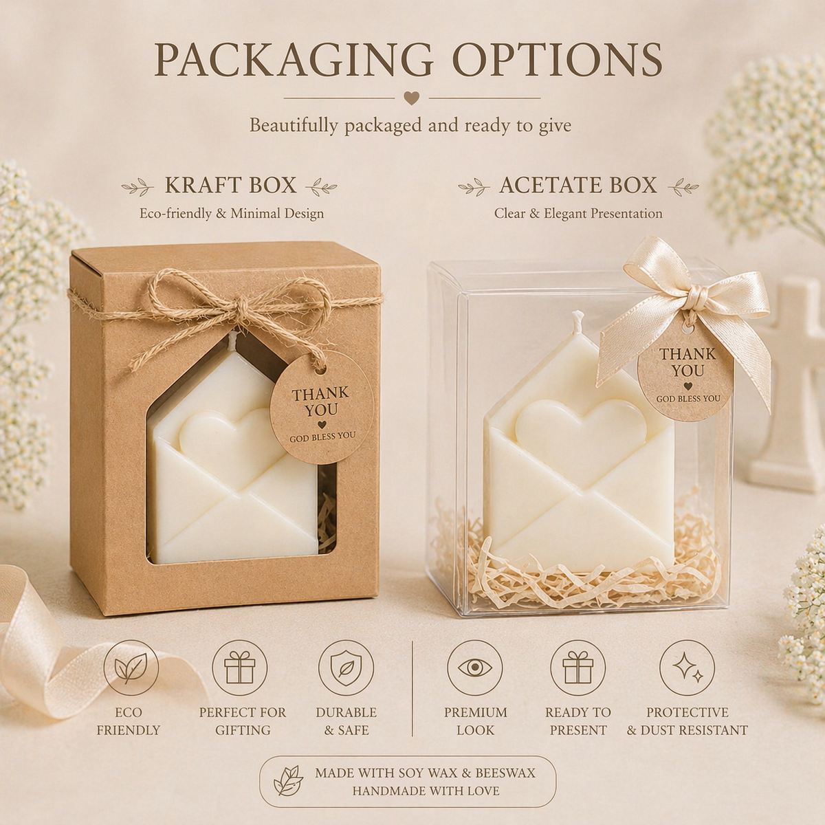 Personalized Baptism Candle Favor – Envelope Heart Soy Wax Candle