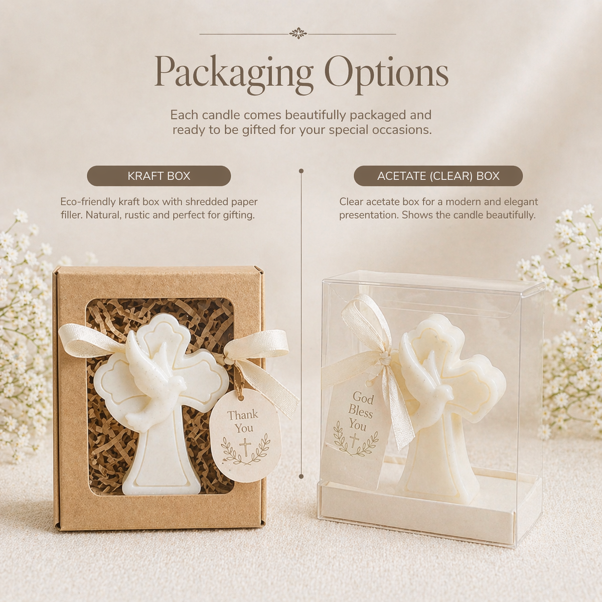 Baptism Cross Candle Favor – Personalized Christening Gift – Dove Soy Wax Candle – Communion Party Favor