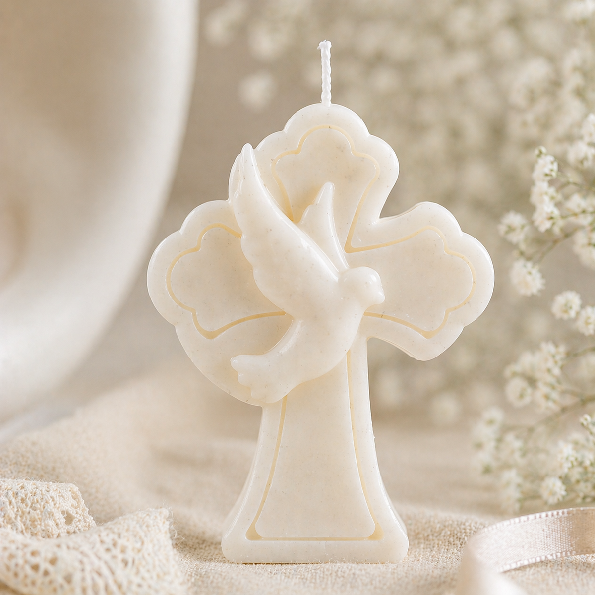 Baptism Cross Candle Favor – Personalized Christening Gift – Dove Soy Wax Candle – Communion Party Favor