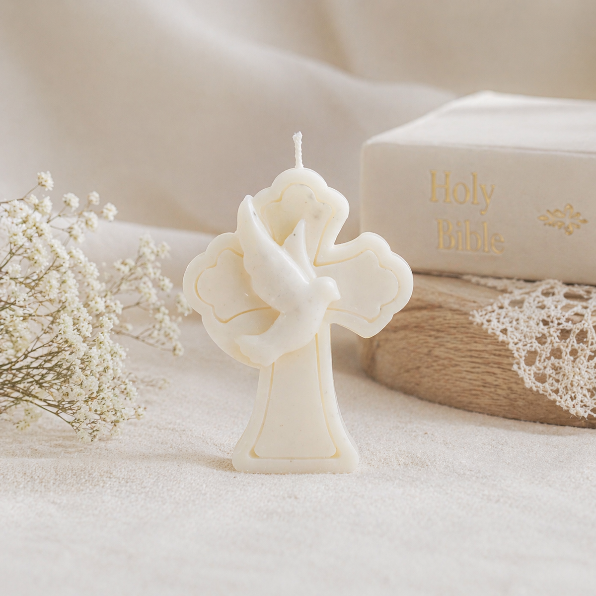 Baptism Cross Candle Favor – Personalized Christening Gift – Dove Soy Wax Candle – Communion Party Favor