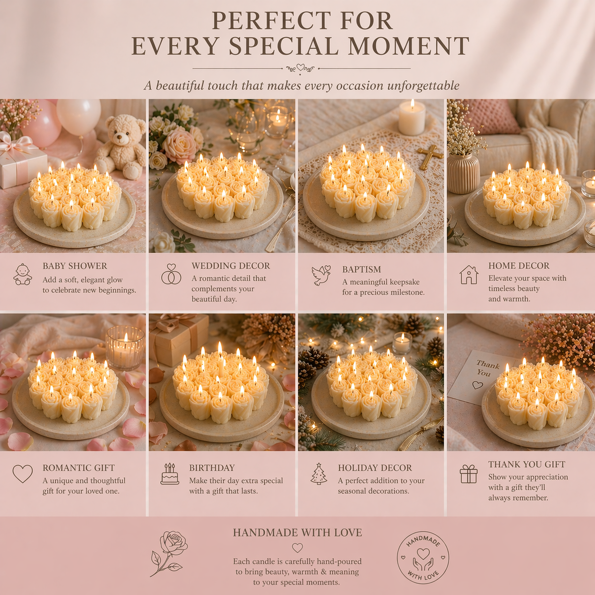 Personalized Rose Cluster Candle – Handmade Soy Beeswax Gift Candle