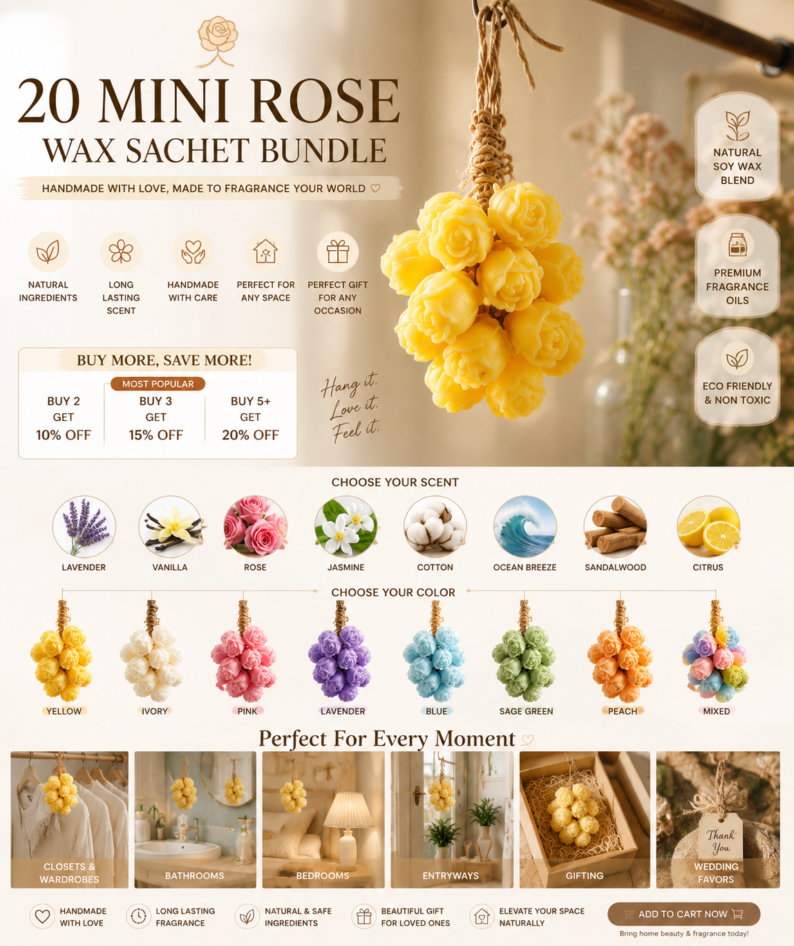 20 Mini Rose Wax Sachet Bundle – Handmade Scented Floral Air Freshener Decor