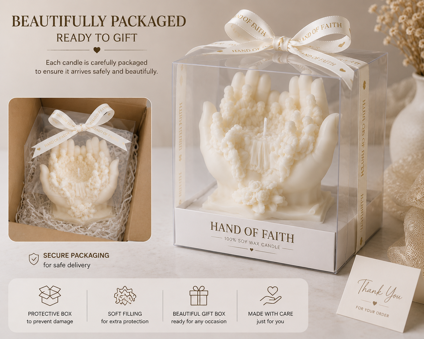 Hand of Faith Soy Wax Candle – Handmade Sculptural Prayer Candle in Clear Acetate Gift Box