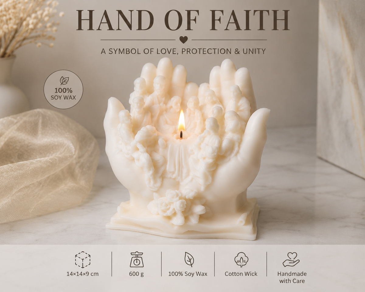 Hand of Faith Soy Wax Candle – Handmade Sculptural Prayer Candle in Clear Acetate Gift Box