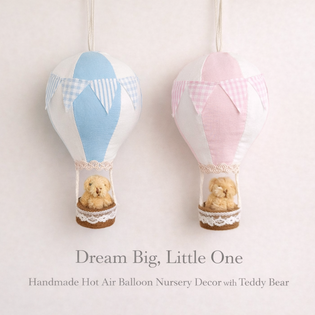 Handmade Hot Air Balloon Nursery Decor with Teddy Bear – Baby Shower Gift & Nursery Wall Hanging