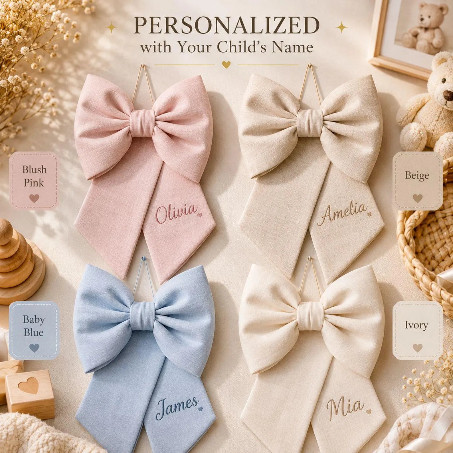 Personalized Linen Nursery Door Bow, Custom Baby Name Hospital Announcement, Oversized Gift