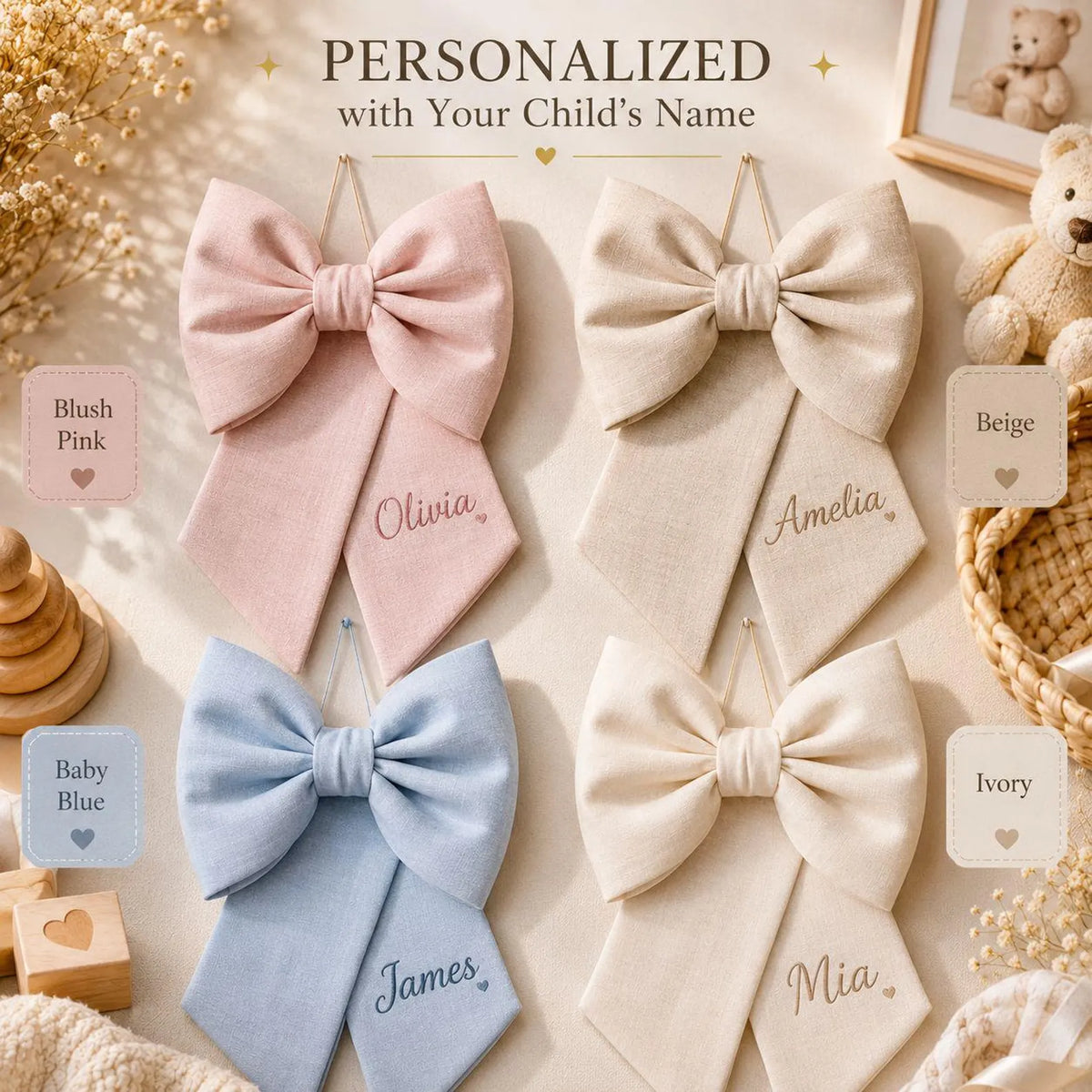Personalized Linen Nursery Door Bow, Custom Baby Name Hospital Announcement, Oversized Gift