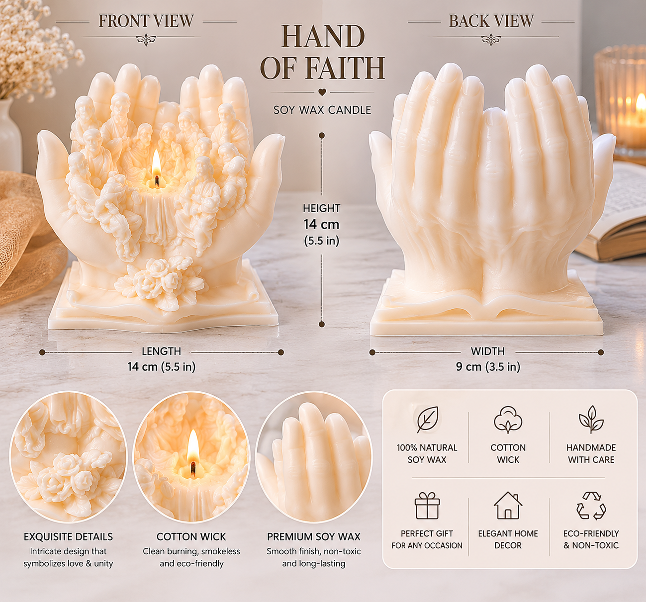 Hand of Faith Soy Wax Candle – Handmade Sculptural Prayer Candle in Clear Acetate Gift Box