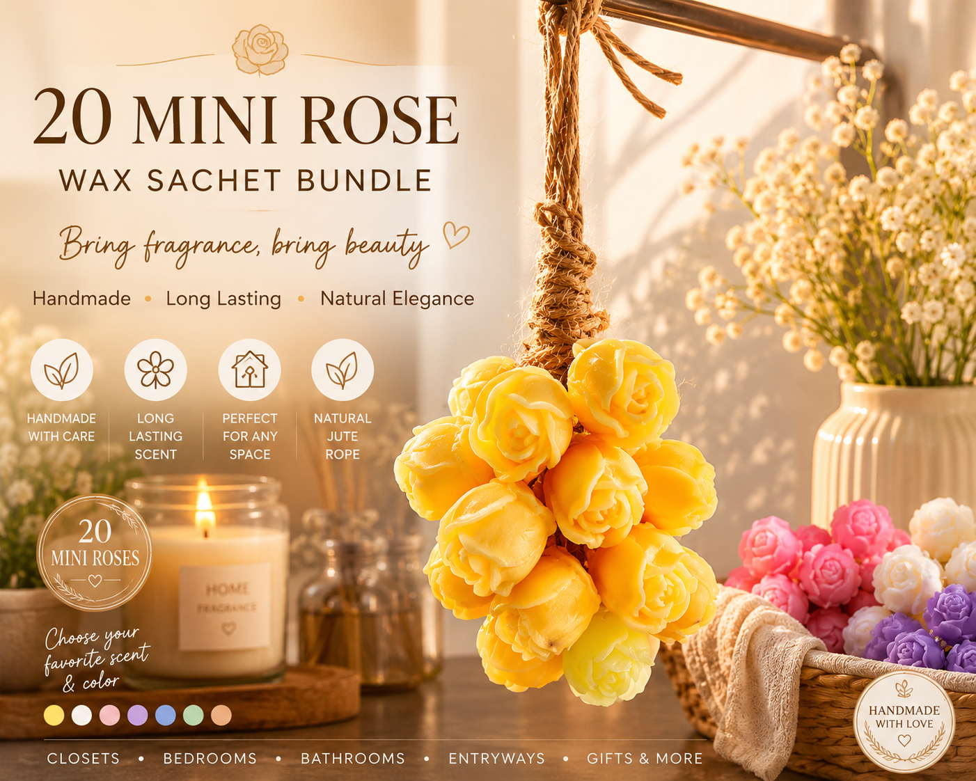 20 Mini Rose Wax Sachet Bundle – Handmade Scented Floral Air Freshener Decor