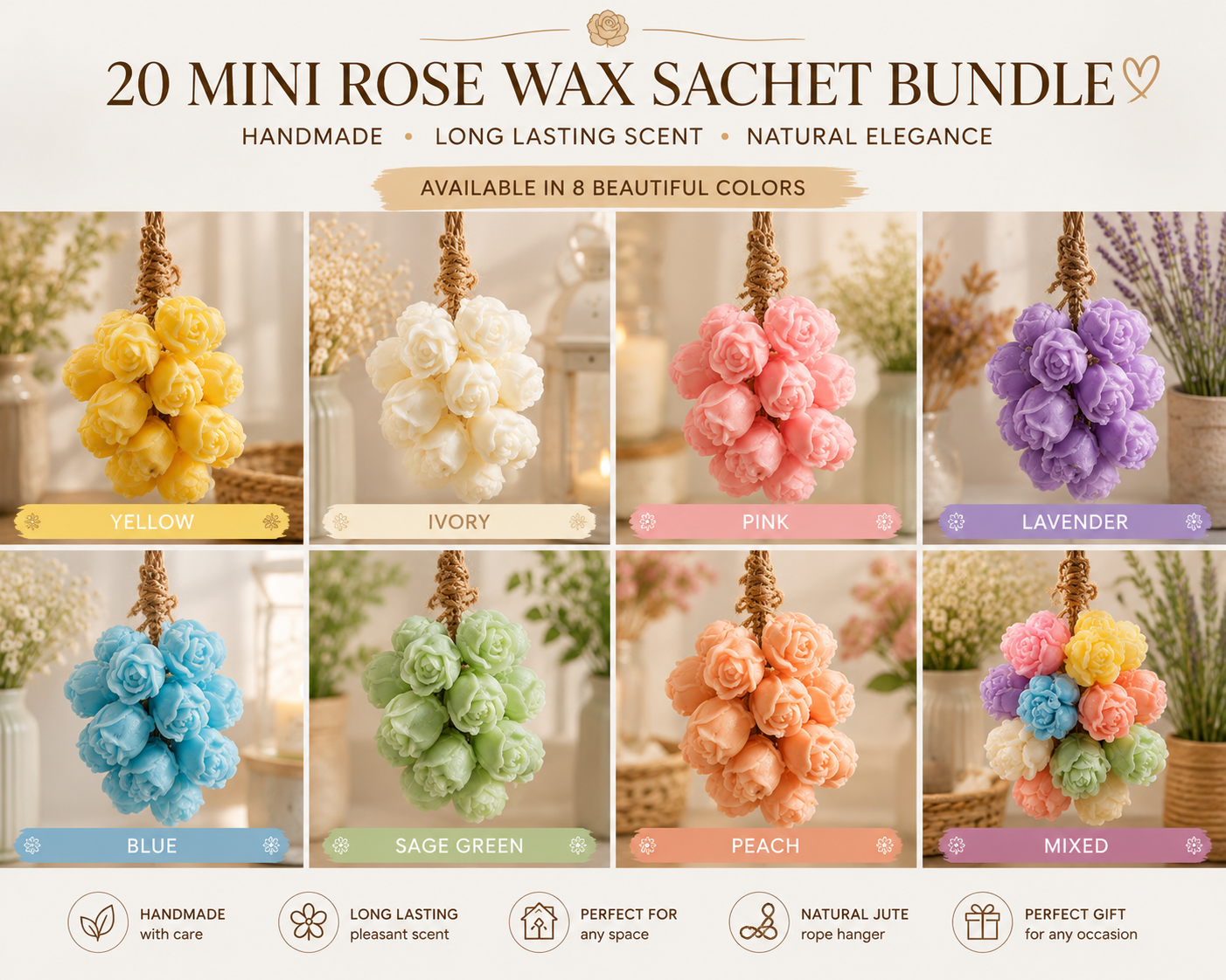 20 Mini Rose Wax Sachet Bundle – Handmade Scented Floral Air Freshener Decor