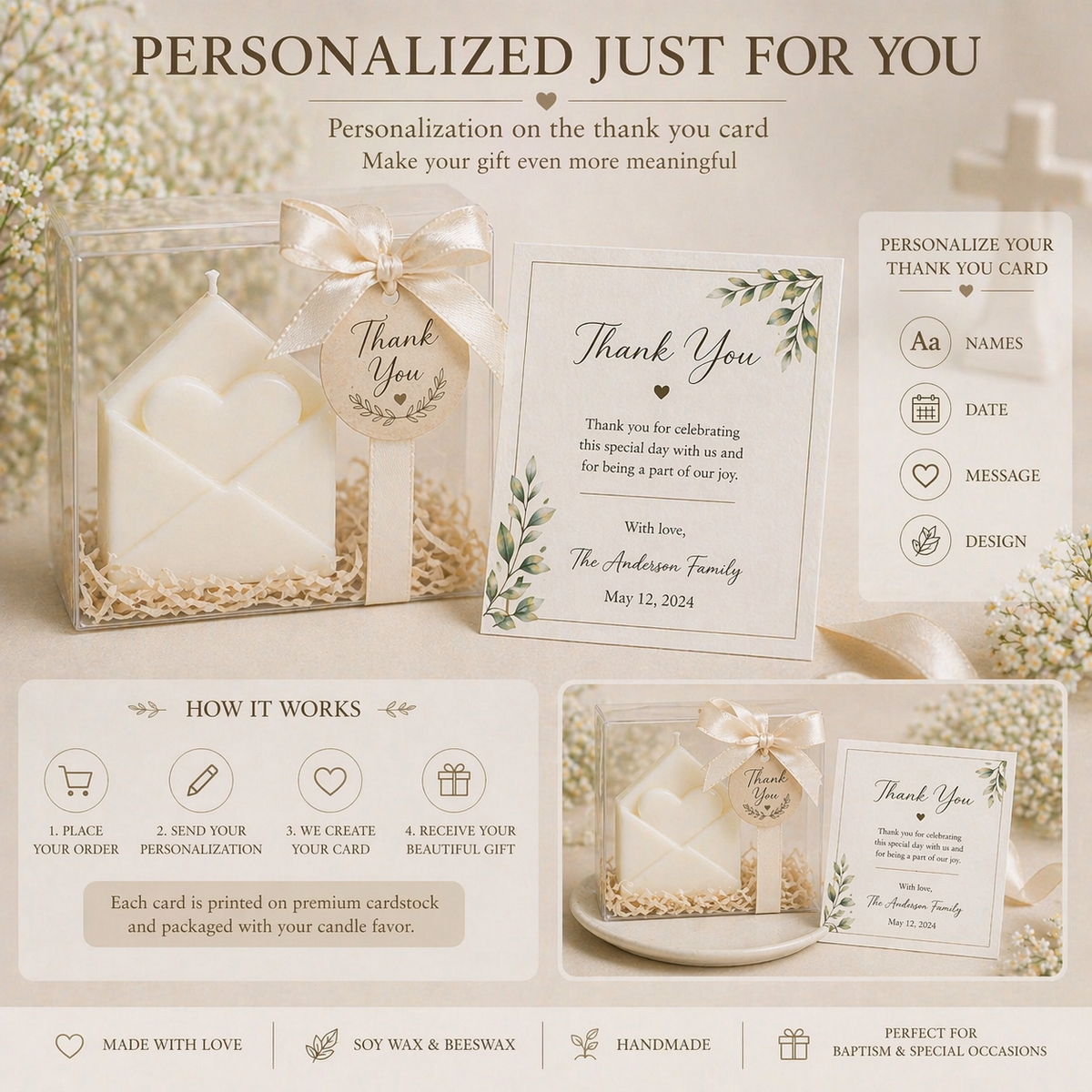 Personalized Baptism Candle Favor – Envelope Heart Soy Wax Candle