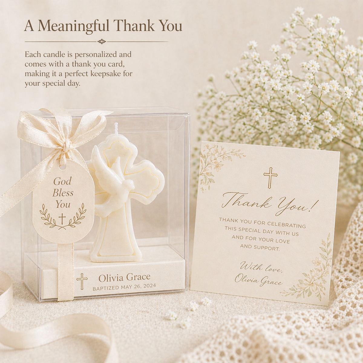 Baptism Cross Candle Favor – Personalized Christening Gift – Dove Soy Wax Candle – Communion Party Favor