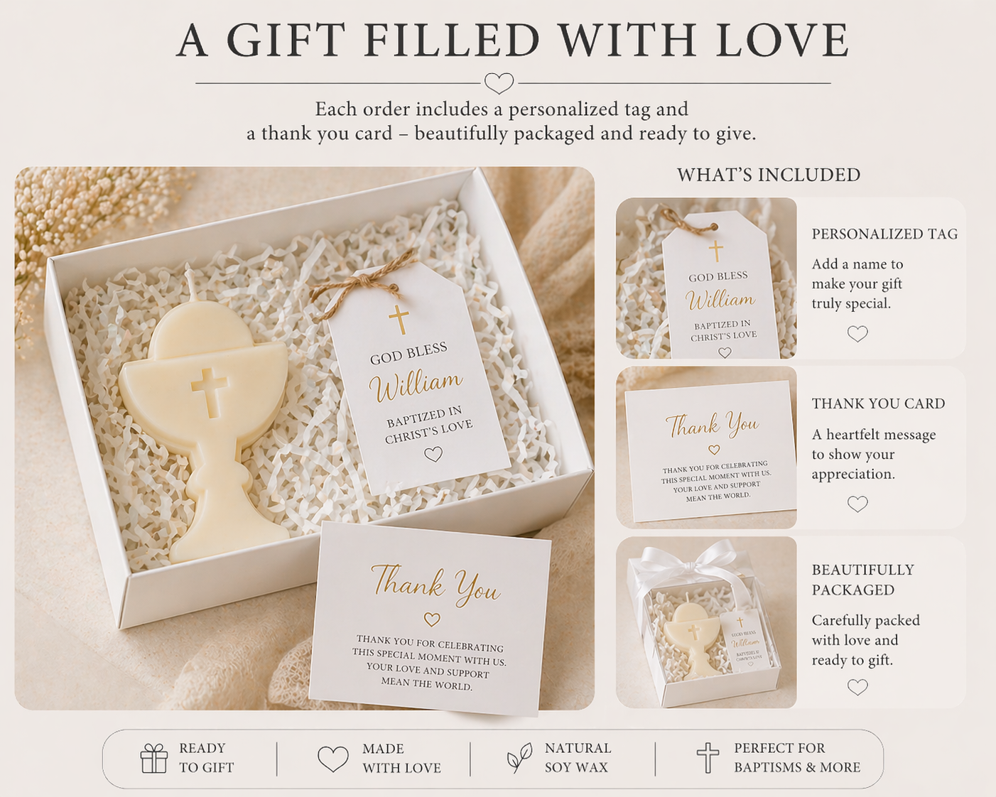 Personalized Baptism Candle Favor – Soy Wax Chalice Christening Gift (Min. 20 pcs)