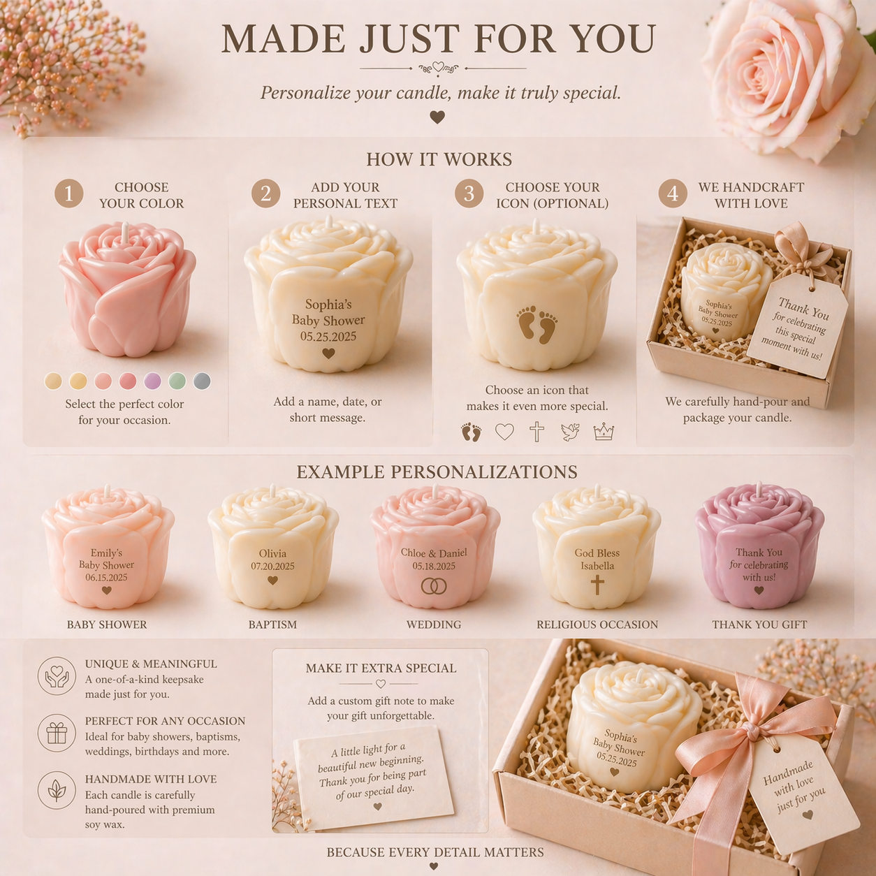 Personalized Rose Cluster Candle – Handmade Soy Beeswax Gift Candle
