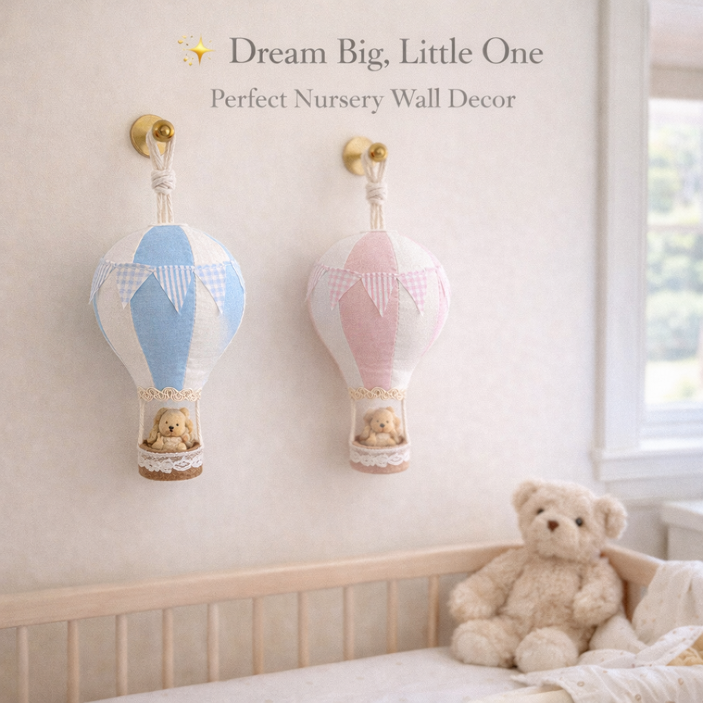 Handmade Hot Air Balloon Nursery Decor with Teddy Bear – Baby Shower Gift & Nursery Wall Hanging