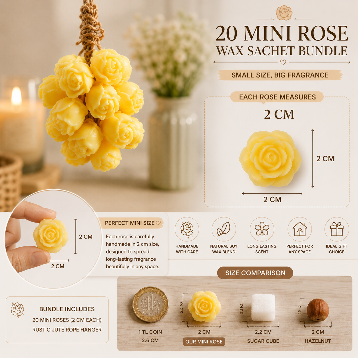 20 Mini Rose Wax Sachet Bundle – Handmade Scented Floral Air Freshener Decor