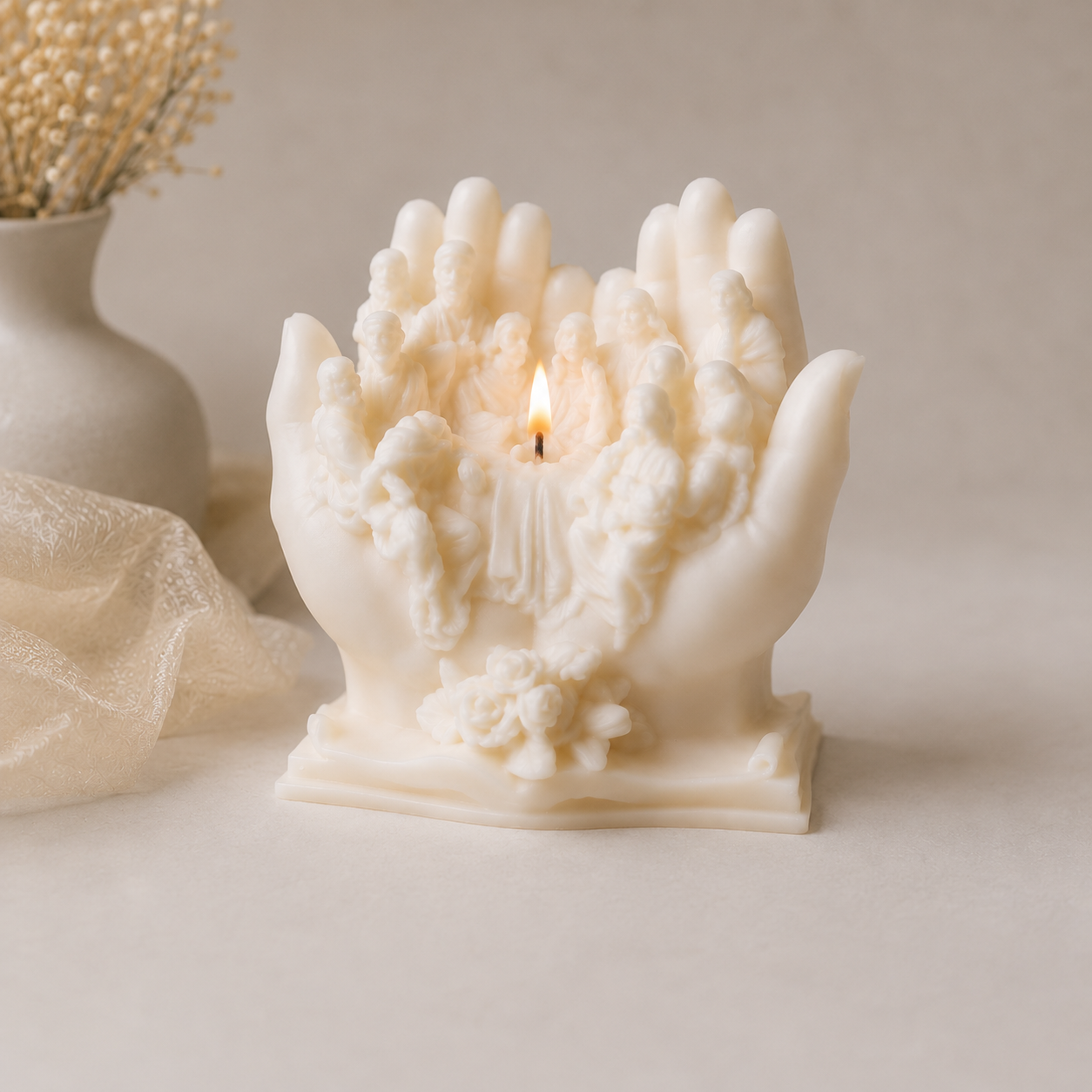 Hand of Faith Soy Wax Candle – Handmade Sculptural Prayer Candle in Clear Acetate Gift Box