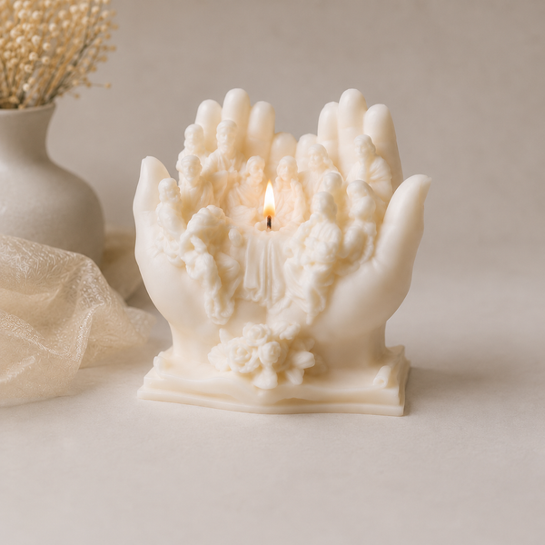Hand of Faith Soy Wax Candle – Handmade Sculptural Prayer Candle in Clear Acetate Gift Box