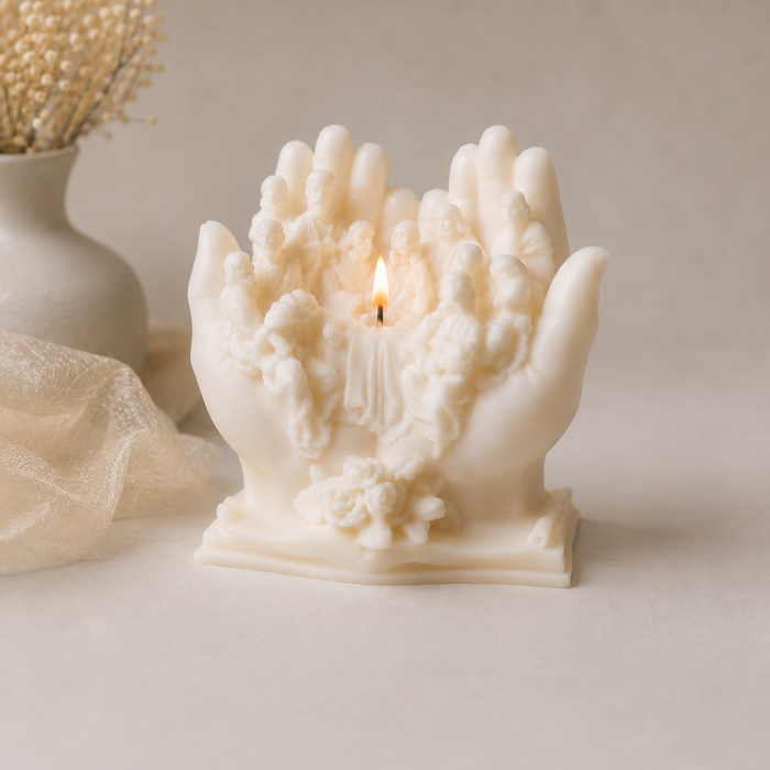 Hand of Faith Soy Wax Candle – Handmade Sculptural Prayer Candle in Clear Acetate Gift Box